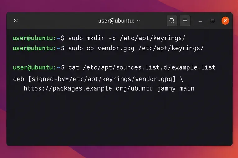 Terminale Ubuntu che mostra un portachiavi APT dedicato e una voce di origine del repository utilizzando signed-by
