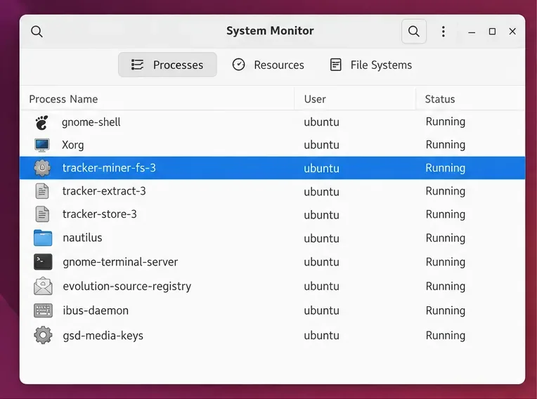 Lista de processos do Monitor de Sistema GNOME com o tracker-miner-fs-3 selecionado entre os processos da área de trabalho.