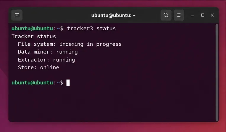 Um terminal Ubuntu exibindo o status do tracker3 e um exemplo de estado do índice marcado como em andamento.