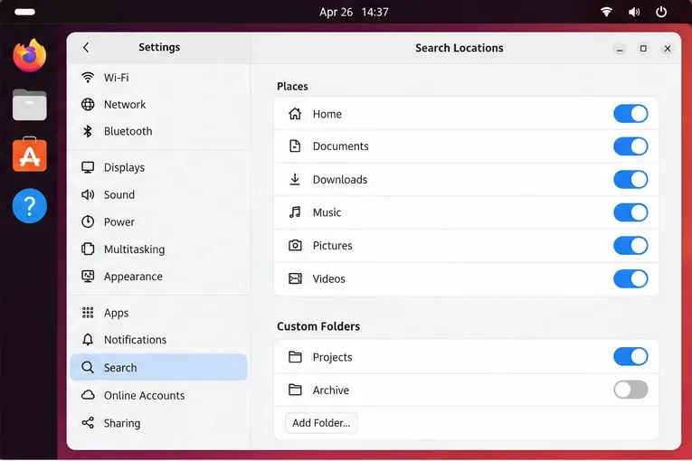 As configurações do GNOME exibem os locais de pesquisa, incluindo as pastas pessoais e duas pastas personalizadas com opções de pesquisa individuais.