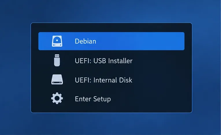 Un menu di avvio UEFI generico con Debian selezionato sopra un programma di installazione USB UEFI e un disco interno.