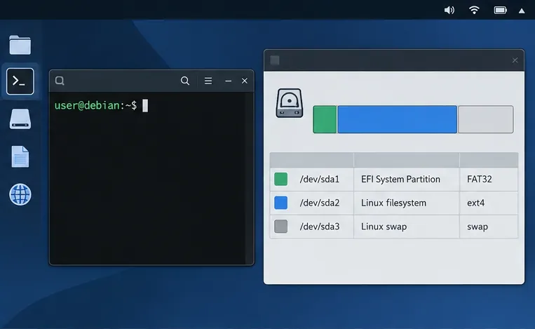 Un ambiente desktop live Debian con un terminale accanto a un elenco di partizioni che mostra una partizione di sistema FAT32 EFI e partizioni Linux separate.