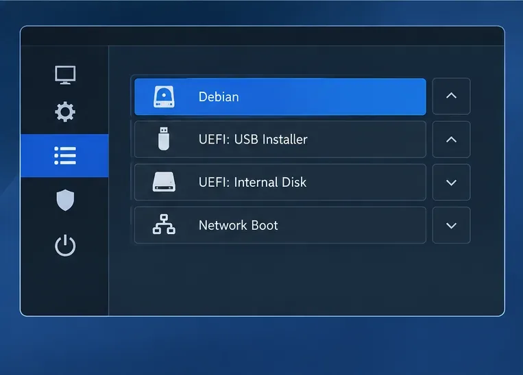 Una schermata generica dell'ordine di avvio del firmware con Debian evidenziato sopra le opzioni di avvio da USB, disco interno e rete.
