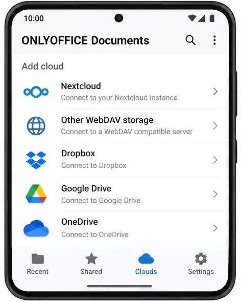 Android ONLYOFFICE 文件雲端螢幕清單 Nextcloud 和其他雲端服務供應商