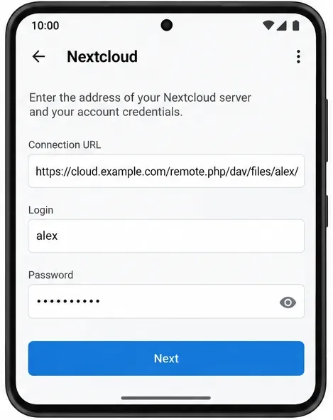 Android Nextcloud 連線表單顯示 WebDAV URL、登入欄位、已封鎖的密碼和「下一步」按鈕。