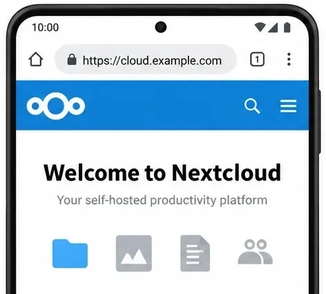 手機瀏覽器顯示一個帶有鎖形圖示的安全 HTTPS Nextcloud 位址。