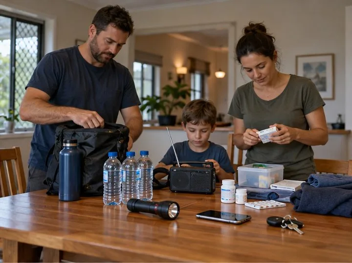 A family gathers water, a flashlight, a radio, medication, and a phone while preparing at home.