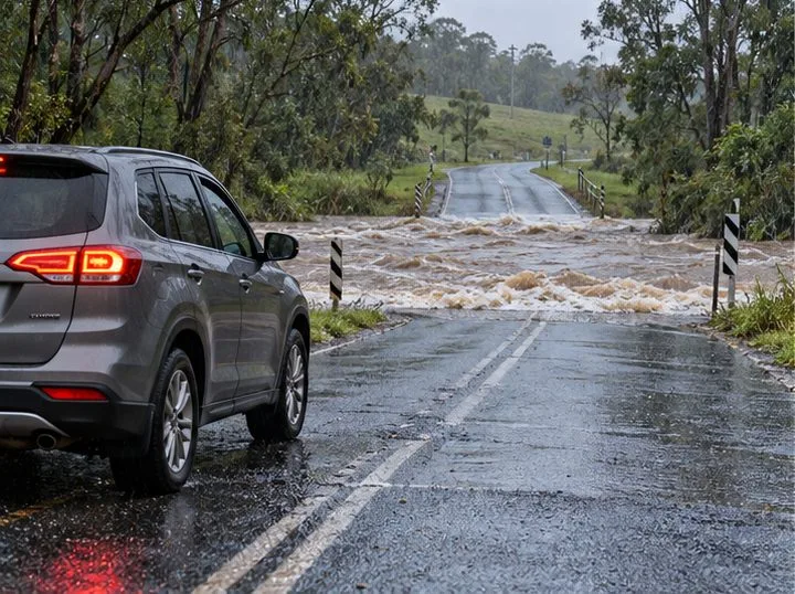 A car is stopped well before fast-moving water covers a rural road crossing.