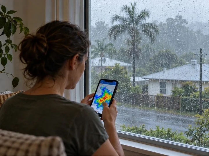 A resident checks a weather map on a phone at home as heavy rain falls outside.