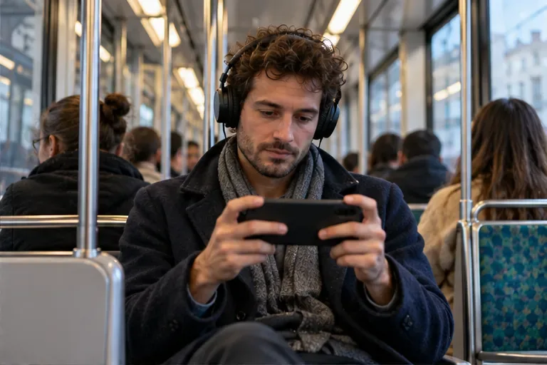 Un homme portant un casque consulte son téléphone dans un transport urbain.