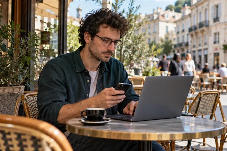Un homme utilise un ordinateur portable et un smartphone à la terrasse d’un café.