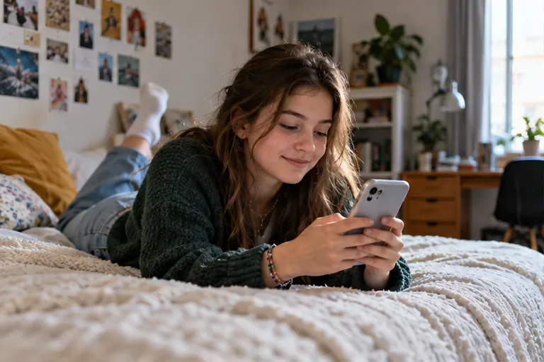 Une adolescente allongée sur un lit consulte un smartphone.