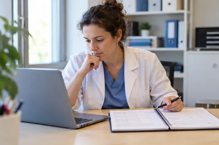 Professionnelle de santé consulte un ordinateur portable et un agenda ouvert sur son bureau