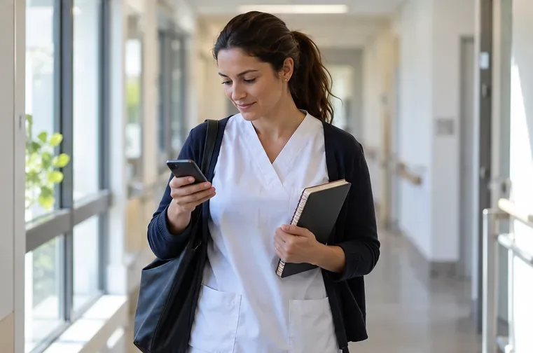 Professionnelle de santé consulte son téléphone et tient un carnet dans un couloir d’hôpital