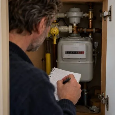 Een bewoner bekijkt een gasmeter in een meterkast en schrijft de meterstand in een notitieboek.