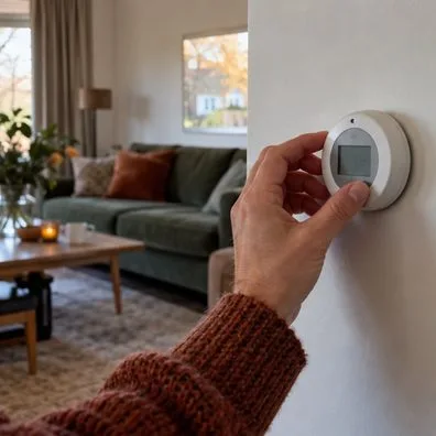 Een hand bedient een ronde kamerthermostaat aan de muur in een woonkamer.