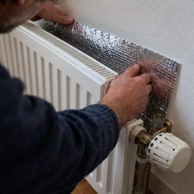 Twee handen bevestigen reflecterende radiatorfolie achter een witte radiator tegen een muur.