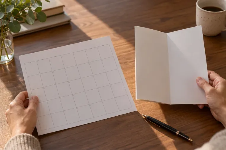 Unas manos sostienen un calendario en blanco y un folleto sin texto legible sobre una mesa de madera.
