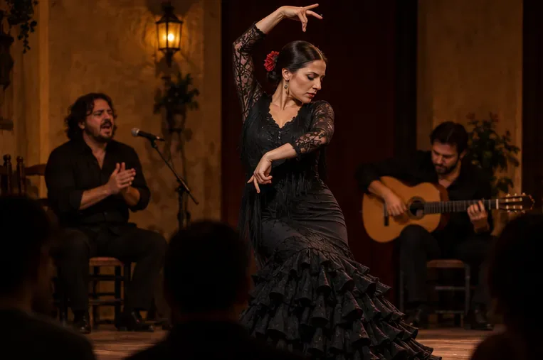 Una bailaora con vestido negro actúa en un tablao, acompañada por un cantaor sentado y un guitarrista al fondo.