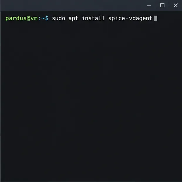 Pardus 스타일 터미널 모형으로, 프롬프트에 `sudo apt install spice-vdagent` 명령어가 입력되어 있습니다.