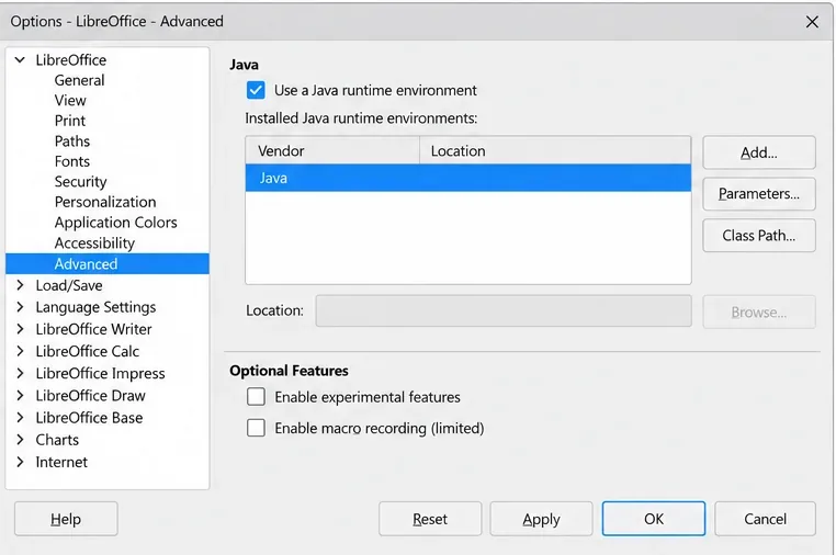 讓 LibreOffice 識別您的 Java 運行時
