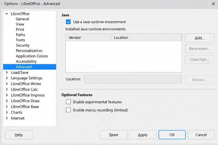 LibreOffice の詳細 Java オプションで、ランタイム サポートが有効になっており、インストール済みランタイム リストが空です。