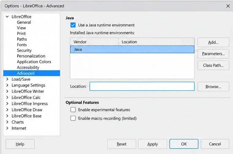 LibreOffice の高度な Java 設定では、選択したランタイムとその場所フィールドに焦点を当てます。
