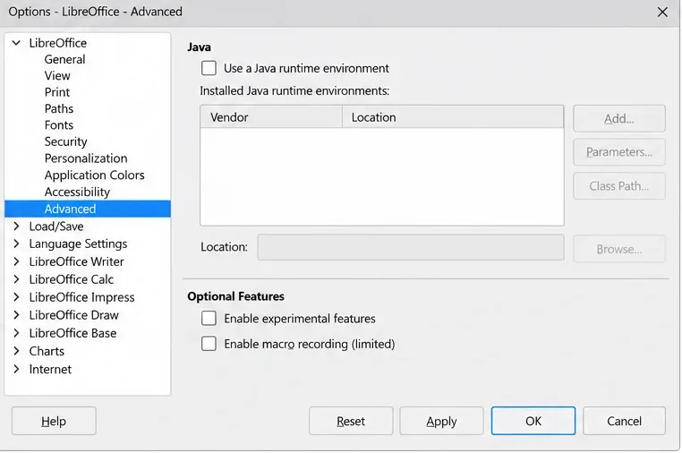 Javaランタイムの使用が無効になっており、ランタイムが選択されていないLibreOfficeの詳細設定