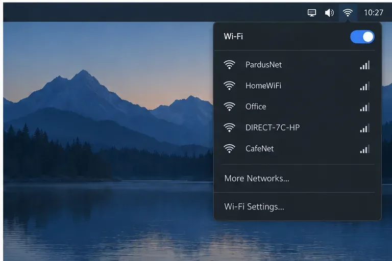 Desktop Wi-Fi menu with the wireless toggle enabled and a list of nearby network names.