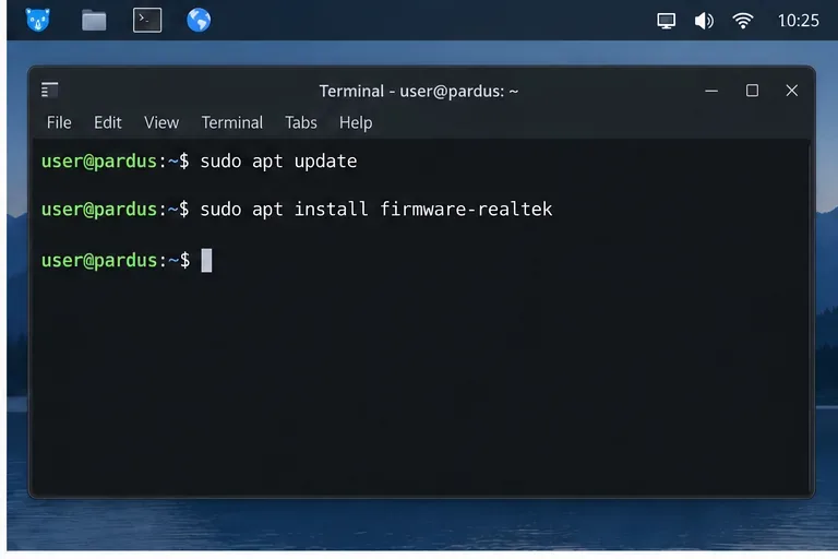 Terminal prompt showing sudo apt update followed by sudo apt install firmware-realtek.