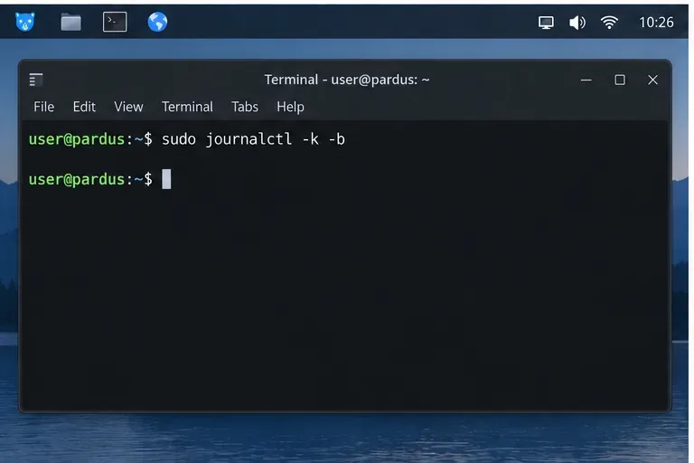 Terminal window with the command sudo journalctl -k -b entered to inspect current-boot kernel messages.