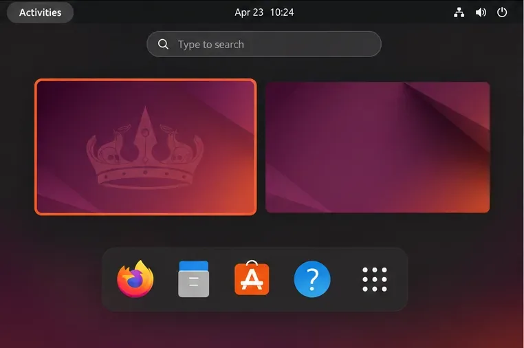 The GNOME Activities overview shows workspace previews after a three-finger upward swipe.