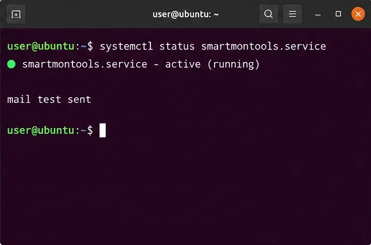 Ubuntuターミナルにsmartmontoolsサービスがアクティブになっていることと、メールテストの確認画面が表示されている。