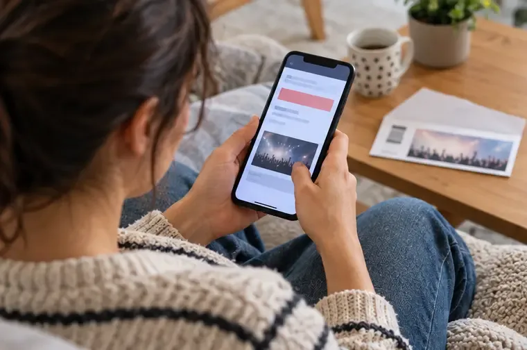 Une spectatrice consulte sur son téléphone une annonce concernant un concert, avec un billet posé près d’elle.