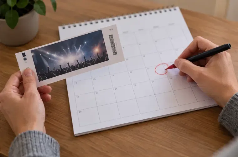 Des mains comparent un billet de concert et un calendrier où une nouvelle date est entourée.