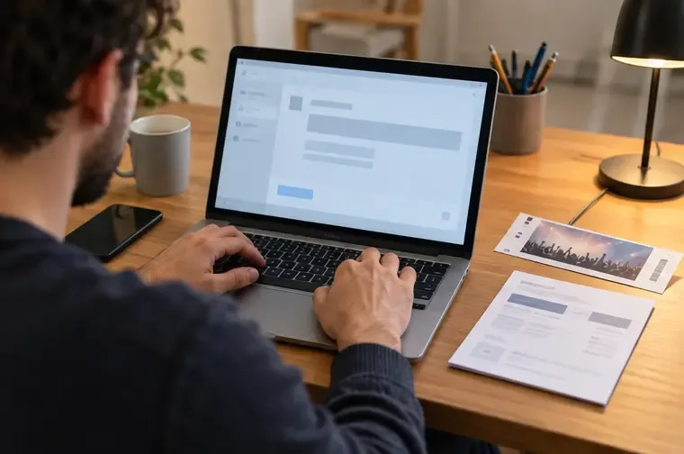 Un spectateur prépare sur un ordinateur un message au service de billetterie, avec son billet et sa commande à portée de main.