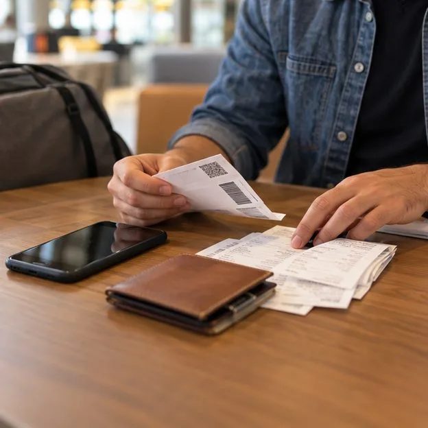 Passageiro organiza cartão de embarque, celular e recibos sobre uma mesa no aeroporto.
