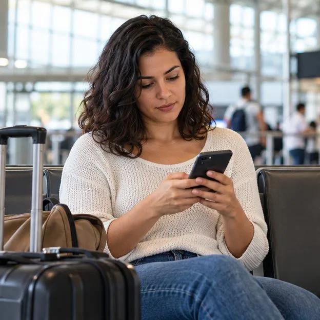 Passageira consulta informações de viagem no celular enquanto aguarda sentada no terminal do aeroporto.