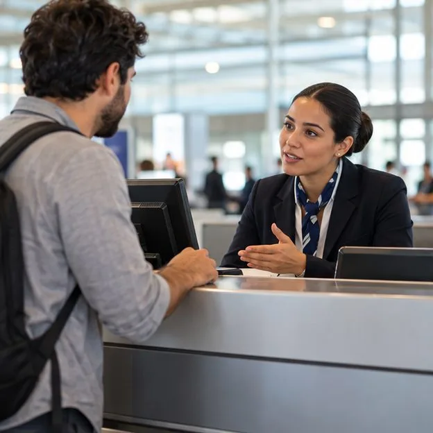 Passageiro conversa com atendente em um balcão de serviço no aeroporto para verificar alternativas de reacomodação.