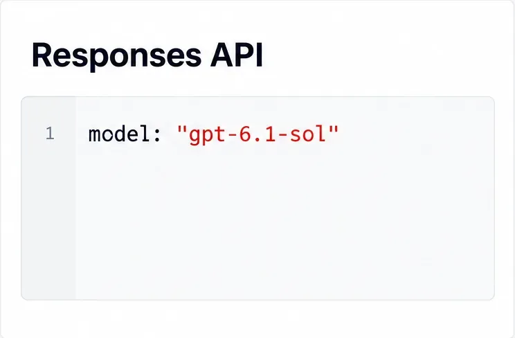 Responses API 요청 편집기 예시에 model 항목과 gpt-6.1-sol 값이 한 줄로 표시되어 있다