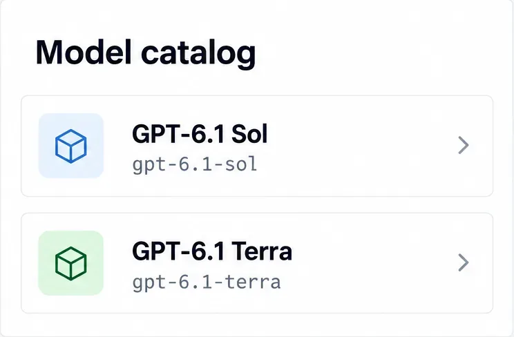 모델 카탈로그 예시 화면에 GPT-6.1 Sol과 GPT-6.1 Terra 이름, 그리고 각 API 모델 ID가 표시되어 있다
