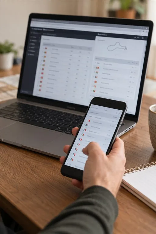 Teléfono y portátil muestran interfaces genéricas de clasificación y calendario deportivo, sin datos oficiales legibles
