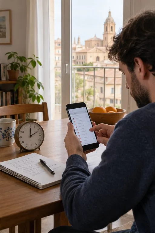 Aficionado en casa consulta el teléfono junto a un reloj y una libreta para planificar el horario de una retransmisión