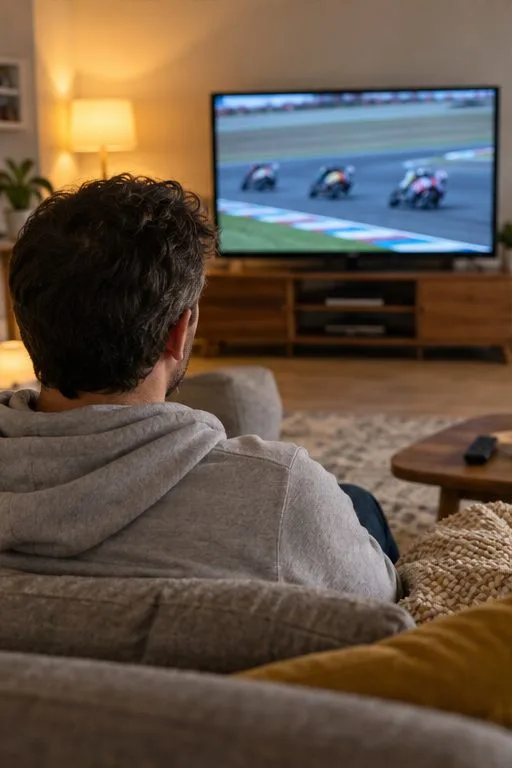Persona sentada en un salón ve una retransmisión genérica de motociclismo en el televisor