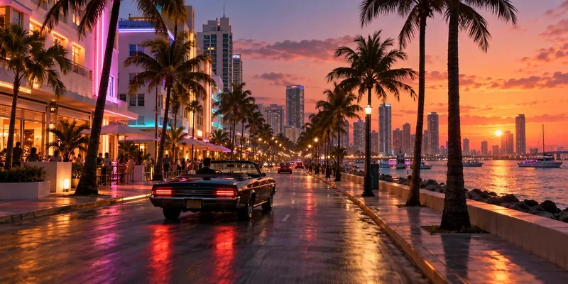 Avenida costeira tropical ao entardecer, com palmeiras, fachadas em tons pastel, luzes neon e um conversível escuro