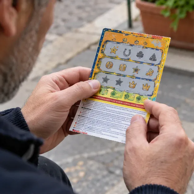 Una persona tiene un biglietto Gratta e Vinci e confronta i simboli scoperti con le regole stampate