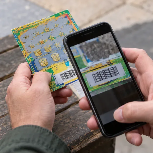Uno smartphone inquadra il codice a barre scoperto nella parte inferiore di un biglietto Gratta e Vinci