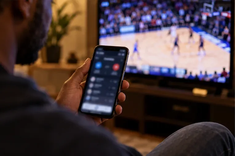A fan checks a mobile phone while a basketball game plays on a television