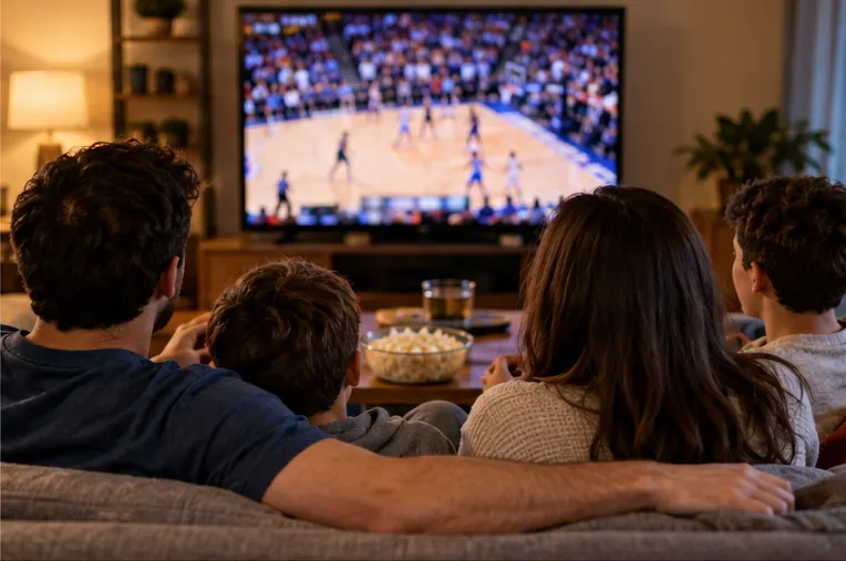 Friends watching a basketball broadcast together on a living room television