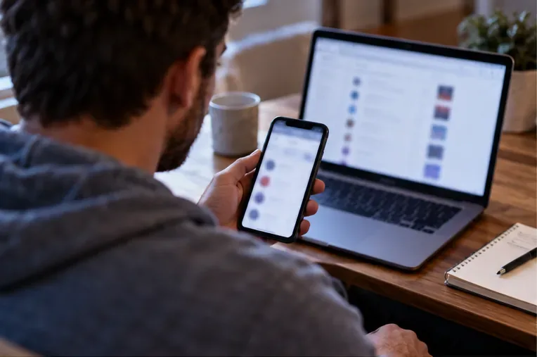 A basketball fan checks a phone and laptop before game night